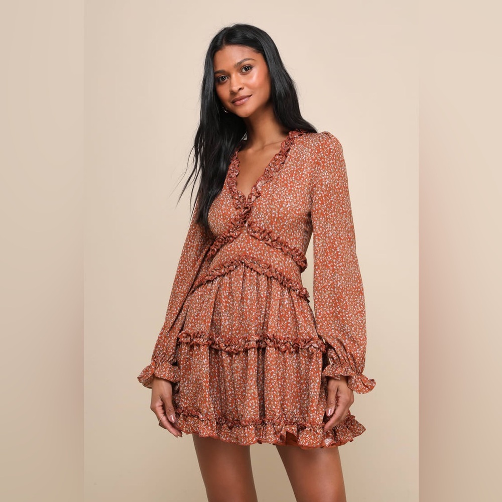 Lulu’s Admire You Orange Floral Print Ruffled Long Sleeve Mini Dress